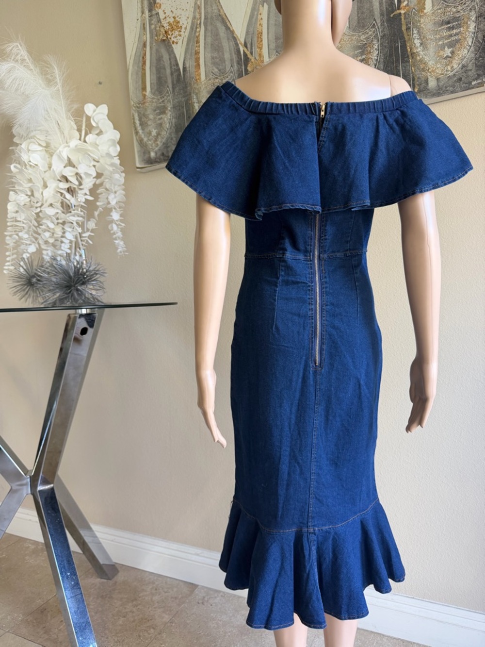 Off-Shoulder Ruffle Denim Midi Dress - Navy - Picture 4 of 6